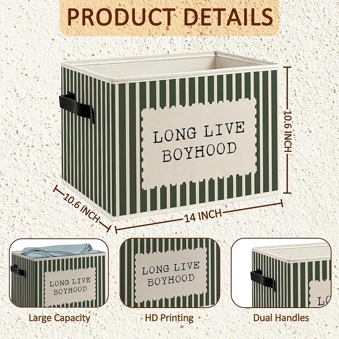 Kids Boy Nursery Foldable Storage Bins Box with Handles, Dark Green Striped Long Live Boyhood Decorative Storage Boxes Baskets Toybox Organizer for Kids Boy Nursery Room Bedroom Playroom