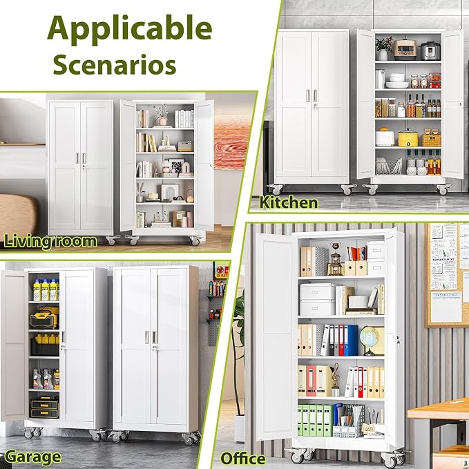 71-Inch Metal Garage Storage Cabinet with Wheels, Locking Doors and Shelves | 4 Adjustable Shelves, Locking Doors, Magnetic Closure, 360° Casters, Anti-Tip Kit, Cold-Rolled Steel