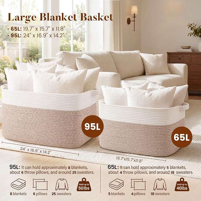 65L Large Woven Blanket Basket for Living Room, 19.7"x15.7"x11.8" | Nursery Laundry Hamper with Handle for Organizing Blankets, Pillows, Toy Storage With Handle, Large Baskets for Organizing