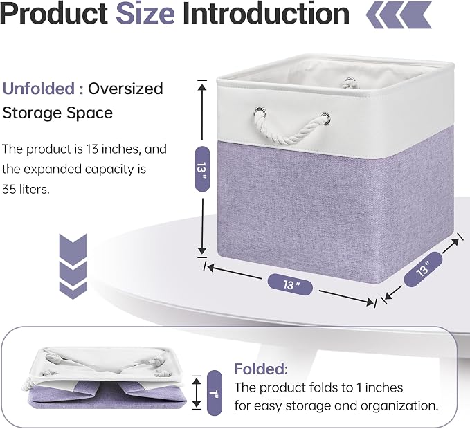 ECDYQXVU 13x13x13 Inch Storage Cube Bins Foldable Organizer Baskets 6 Pack | Soft Cotton Handles, Premium EVA Fabric, Hard Cardboard Bottom, Sturdy Metal Rim, Closet Shelf, Living Room, Bedroom, Laundry