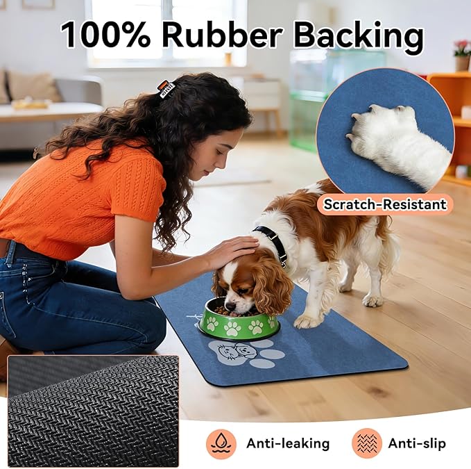 Dog Cat Feeding Mat-Absorbent Pet Bowl Mat for Food and Water, Quick Dry Water Dispenser Mat for Floors with Waterproof Rubber Backing, Large Dogs Placemat Mats for Messy Drinkers,17"x27",Blue