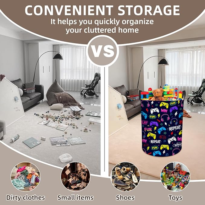 Game Laundry Hamper Boy Baby, Waterproof Laundry Basket for Bedroom, Round Collapsible Storage Bin with Handles for Toys, Nursery Hamper Storage Basket for Bathroom, Game Room Decor, 13.8x17.7in