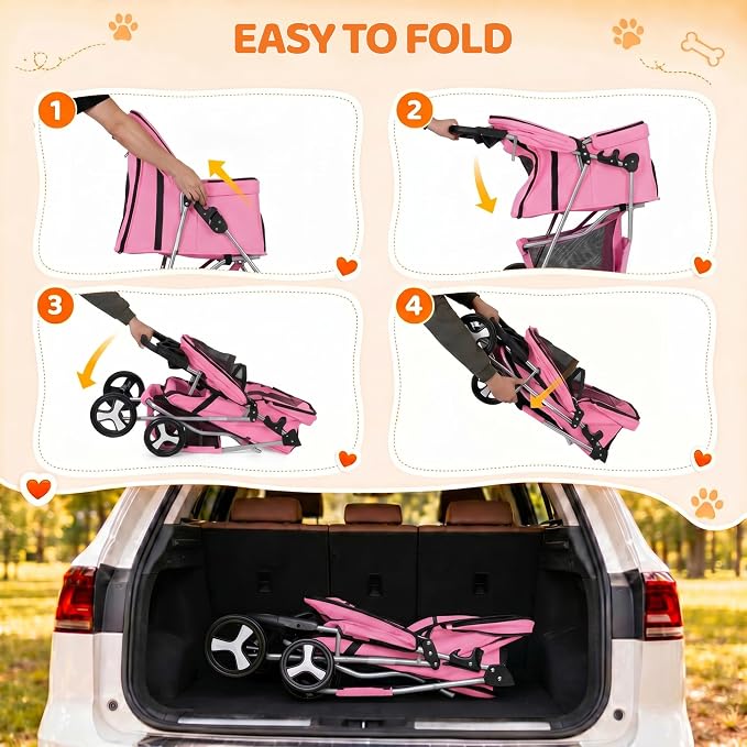 ZENY Foldable Pet Stroller, Cat/Dog Stroller with 4 Wheels | Pet Travel Carrier Strolling Cart with Storage Basket, Cup Holder (Pink)