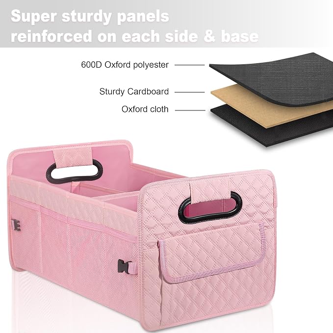 JiatuA Car Trunk Organizer for SUV, Collapsible Car Storage Organizer Pink | Sturdy, Large Capacity, Diamond Decor, Multi Compartment Container Box Adjustable Car Accessories for Sedan Truck