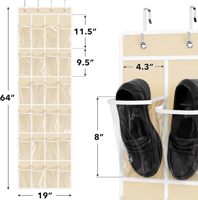 Simple Houseware 24 Pockets Clear Over the Door Shoe Organizer, Beige | 64" x 19", 4 Durable Metal Hooks, 4.3" x 9.5" Pocket Size, Multipurpose