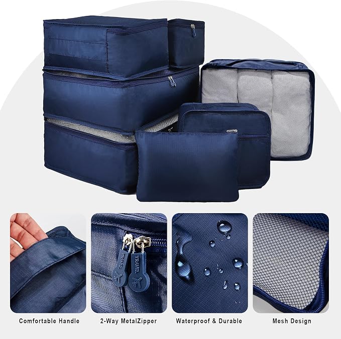 Vercord 7 Set Travel Packing Organizers Cubes Luggage Suitcase Organizer Bags Clothes Underwear Cube Shoe Pouch Pack Dark Blue