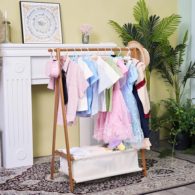 Bamboo Kids Clothing Rack with Storage Box - Foldable,Kids Dress Up Rack with Hooks & Rod, Organize Dress Up Storage & School Uniforms, Perfect for 4-13 Year Olds (Brown)