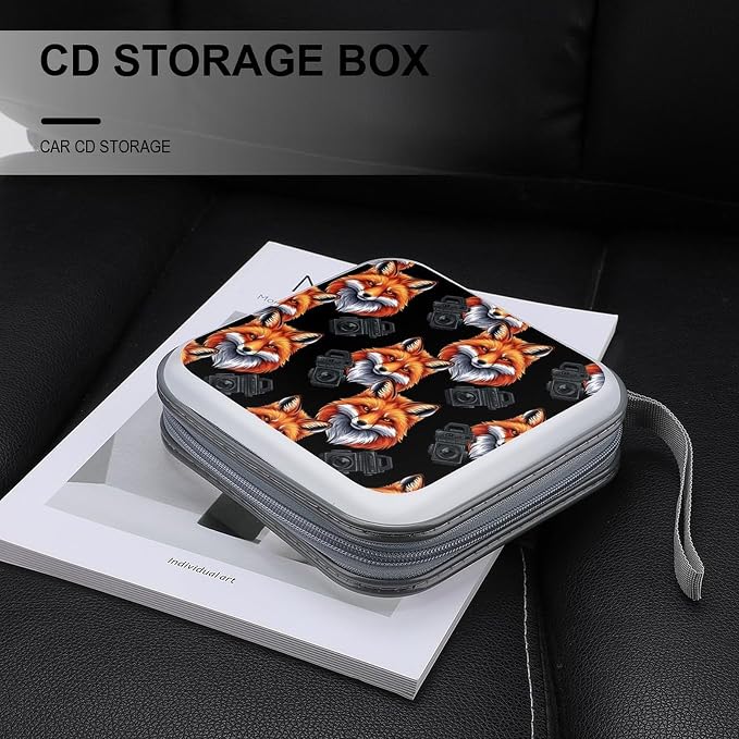 Hard Plastic 40-Disc Storage Binder Fox Art, Protective CD/DVD Wallet with Zipper, Portable Organizer for Movies Music