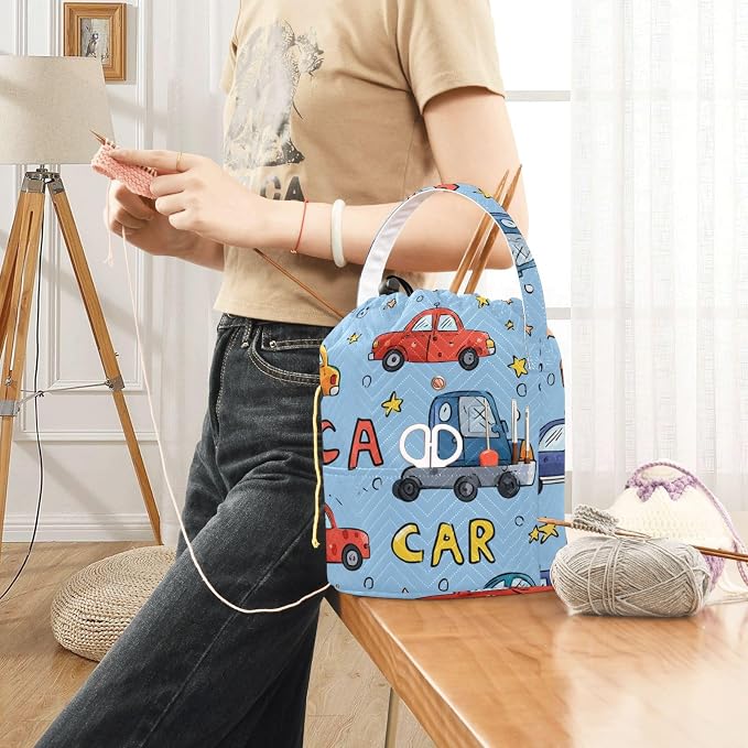 Tatenale Crochet Bag Yarn Bag Knitting Project Bag with Pockets and Handle Portable Yarn Storage Organizer Tangle Free 8.3x11 InchLight Blue Cars and Stars32