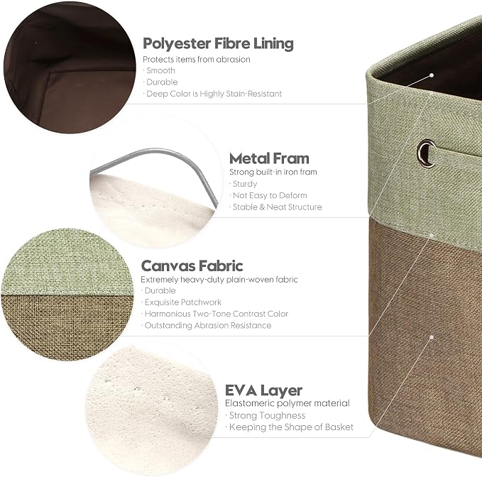 Sea Team Oversized Rectangle Canvas Open-Top Storage Baskets, 3-Pack | Collapsible Fabric Storage Bins with Handles, Closet Shelf Organizers, 22 x 15 x 13 Inches, Olive & Lime