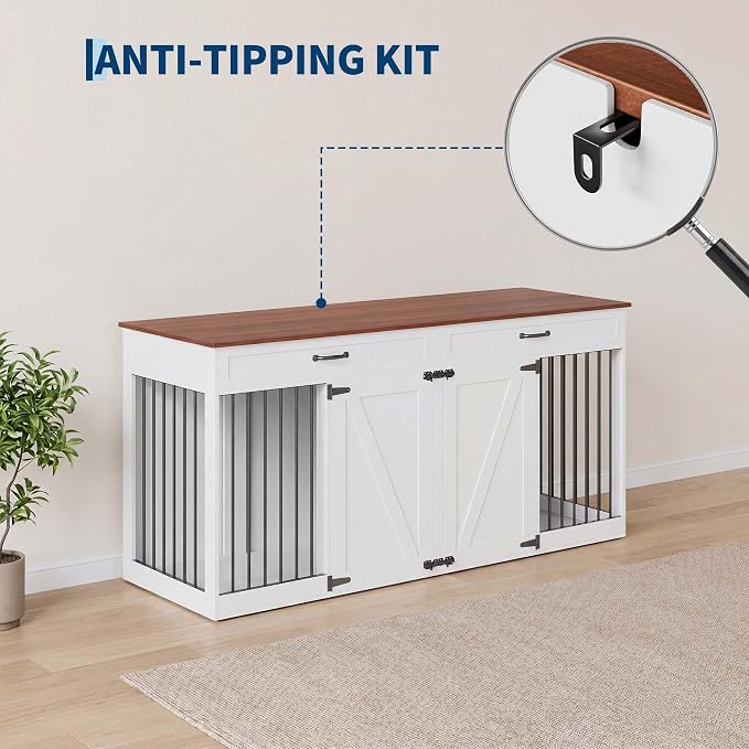 71'' Double Dog Crate Furniture for 2 Dogs, Dog Crate with 2 Drawer, Farmhouse Dog Crate with Removable Divider Dog Kennel Furniture, Heavy Duty Dog Cage and TV Stand for Large Medium Dogs