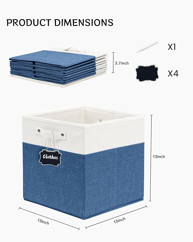 FinishingBo 13 inch Cube Storage Bins with Handles 4 Pack | Foldable Linen Storage Baskets, Closet Organizers, Shelf Baskets, White Blue