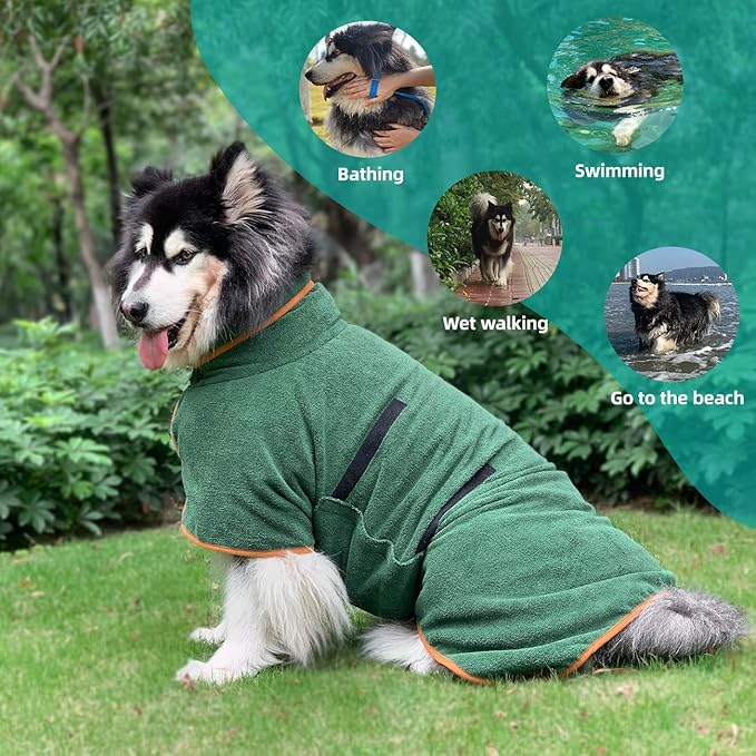 Dog Drying Coat Bathrobe Towel, Microfibre Material Fast Drying Super Absorbent Dog Bath Robe, Pet Quick Drying Moisture Absorbing with Adjustable Collar and Waist Green