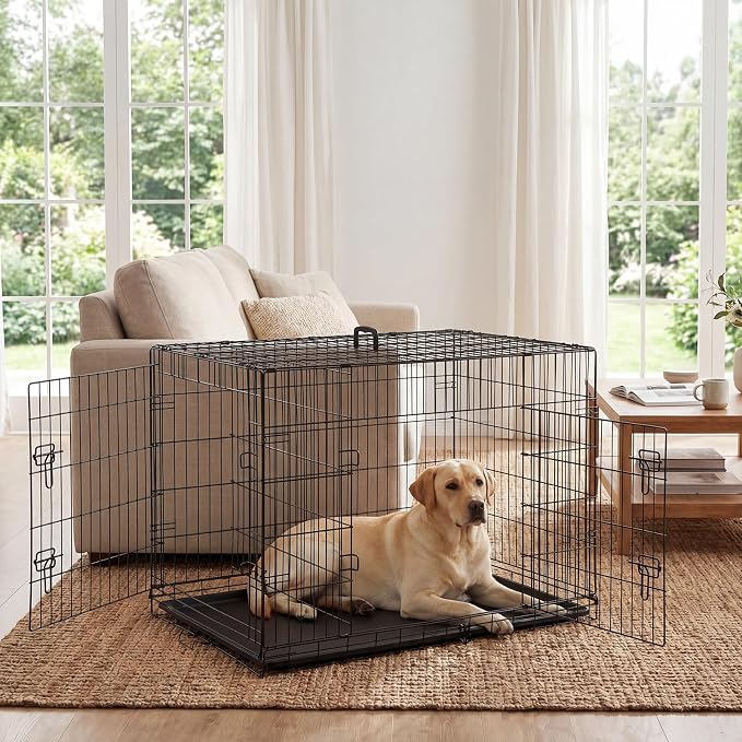 Dog Crate 42 Inch Large Dog Cage Foldable Indoor Outdoor Pet Kennel | Double Door Metal Wire Portable Dog Kennel with Secure Lock, Leak-Proof Pan Tray, Dog Training and Travel
