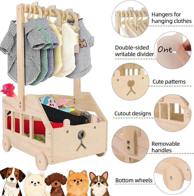 22" x14"x10" Wooden Pet Wardrobe Closet with 10 Hangers, 5 Split Labels & 1 Pen, Easy Assembly Crate for Dog/Cat Closet, Dog Closet Organizer for Toys Clothes and Accessories