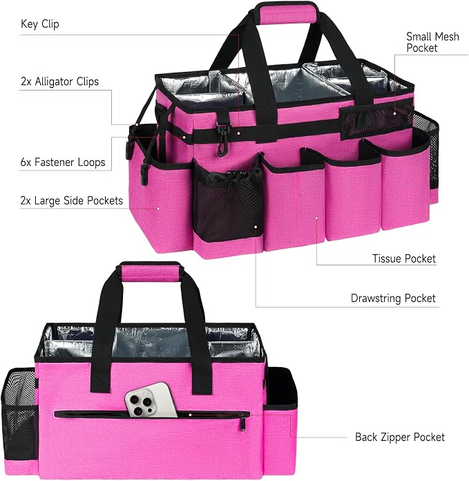 Cleaning Caddy Bag, Extra Large Cleaning Supply Bag for Housekeepers | Sturdy Cleaning Caddy Organizer for Cleaning Supplies with Handle and Adjustable Shouder Strap, Easy to Clean,Rose Pink