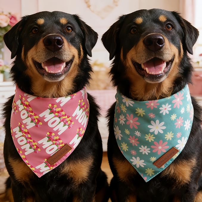 Realeaf Mothers Day Dog Bandanas 2 Pack, Reversible I Love My Mom Pet Scarf for Boy and Girl, Premium Durable Fabric, Valentines Day Bandana for Medium Large Dogs (Small)