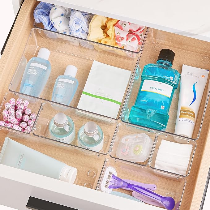 Vtopmart 72 PCS Clear Plastic Drawer Organizers Set, 4-Size Versatile Bathroom and Vanity Organizer Trays, Non-Slip Storage Containers for Makeup, Jewelries, Bedroom，Kitchen Utensils and Office | 4-Size Versatile Makeup Organizer, Non-Slip Storage Cont...