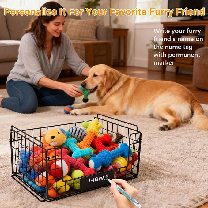Metal Dog Toy Basket with Handles, Chew-Proof Large Pet Toy Storage Bin, Foldable Dogs Organizer Box for Living Room, Personalized Rustic Toy Holder (Black)