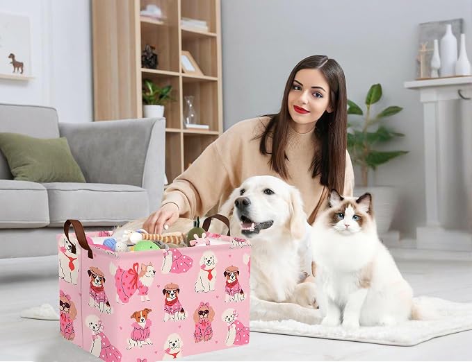 Pink Dog Toy Basket Collapsible Puppy Bin Storage Organizer Large Pet Box With Handles (Girl Dog)