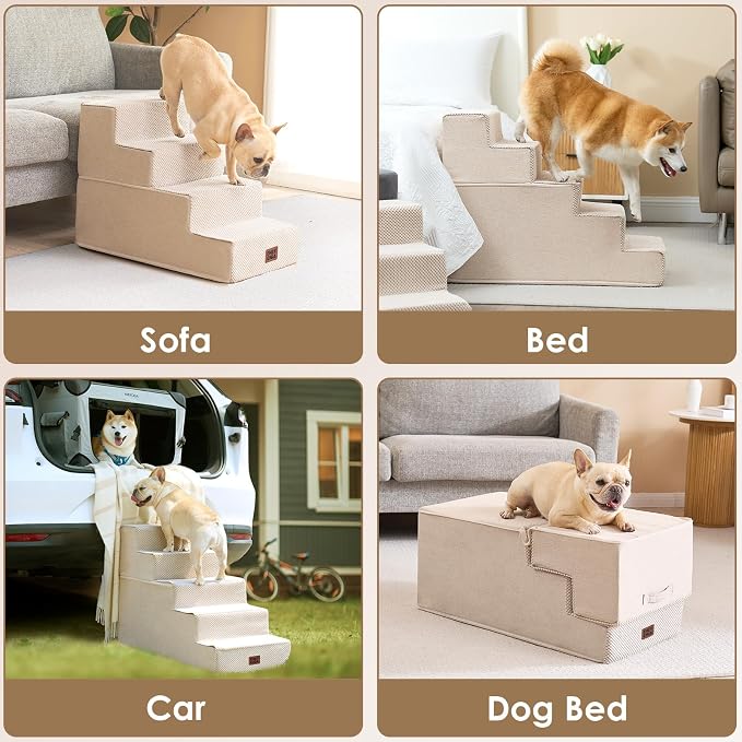 EHEYCIGA Dog Stairs for Bed 18" H, 4-Step Dog Steps for High Bed, Beige | Pet Steps for Small Dogs and Cats, Non-Slip Balanced Pet Ramp Indoor