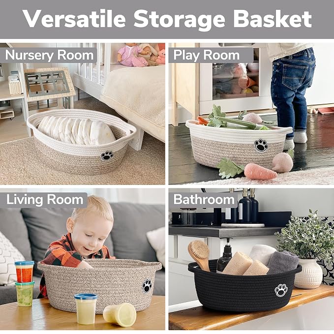 Woven Rope Dog Toy Basket with Paw Print, Black | 12"x 8" x 5" Small Dog Toy Bin & Box with Handles, Fits Living Room Bedroom Nursery Organization, Gift Basket Empty for Pets