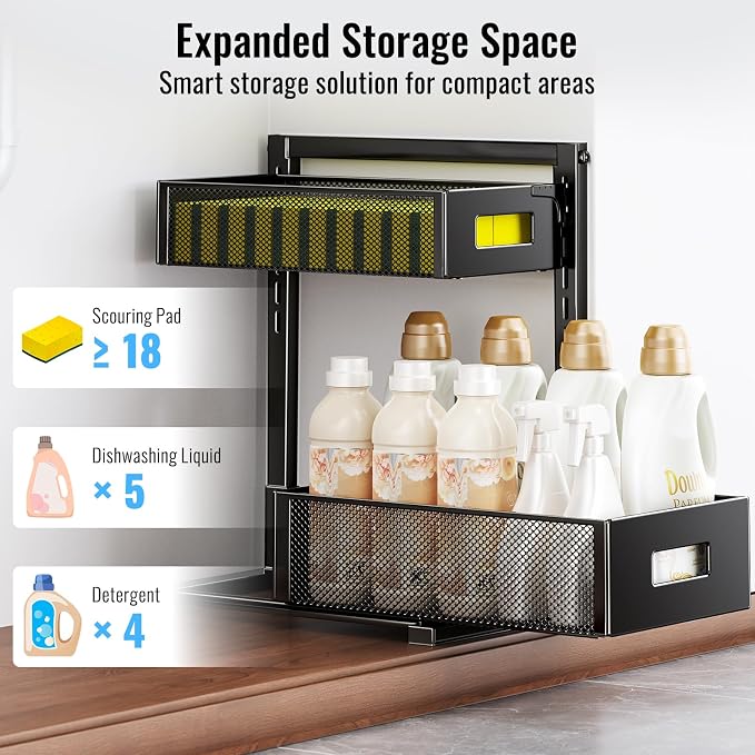 TISTAYA Under Sink Organizer, Silk-Smooth Metal Sliding Drawer Organizers and Storage Rack, Pull Out Cabinet Shelf for Kitchen, Bathroom, Pantry, Cabinet, Closet