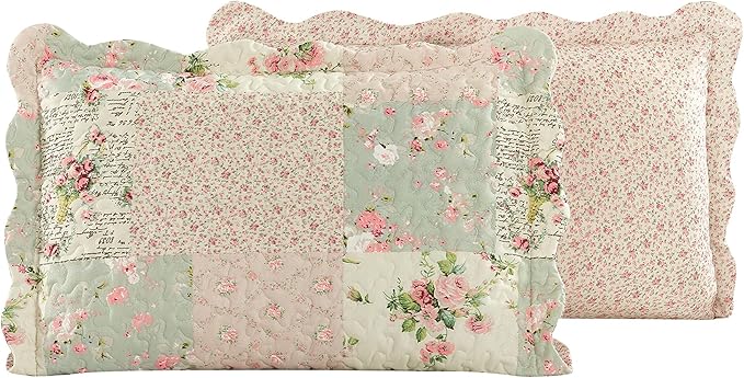 Brilliant Sunshine Traditional Rose & Sage Pillowshams Set, 20"x26"+2" | Patchwork Design, Quilted Standard Pillowcases, Washable Scallop Edge Pillow Covers, Pack of 2