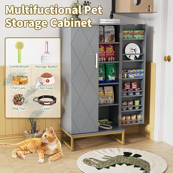 Saudism 51" Dog Food Storage Cabinet with Adjustable Shelves, Gray | Freestanding Pet Storage Container Organizer for Living Room and Dinning Room
