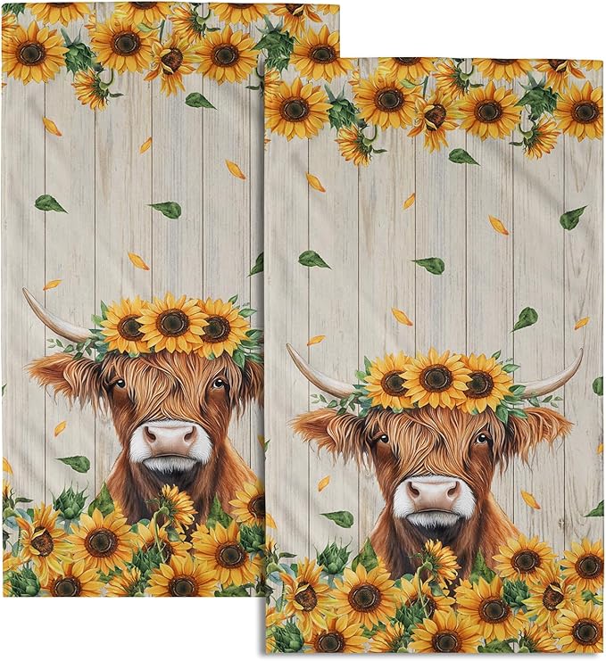 Giwawa Highland Cow Hand Towel Set of 2, Spring Summer Sunflowers Cattle Decorative Towels, Yellow Floral Wood Baord Soft Microfiber Face Towel Washcloth for Bathroom Guest Gym Spa Hotel