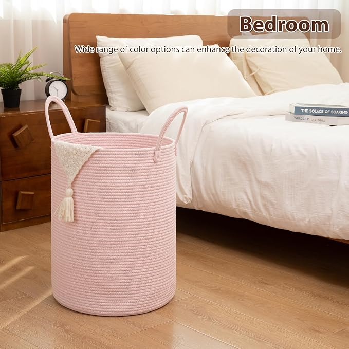 OIAHOMY 60L Nursery Hamper Laundry Basket Laundry Hamper Pink | collapsible Blanket Basket Cotton Rope Woven Basket Dirty Clothes Hamper Baby Hamper Tall Clothes Hamper with Handles