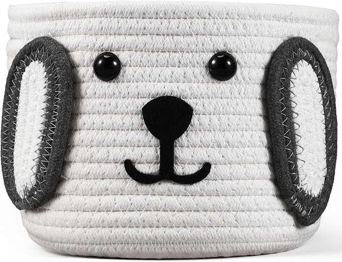 Zopeal Dog Woven Basket, 7.9" D x 6" H Cotton Rope Toy Storage Organizer, Dog Mom Gift Empty, Cute Laundry Puppy Gift Animal Basket for Clothes, Towels, Toy, Laundry, Bathroom, Home(White, Gray)