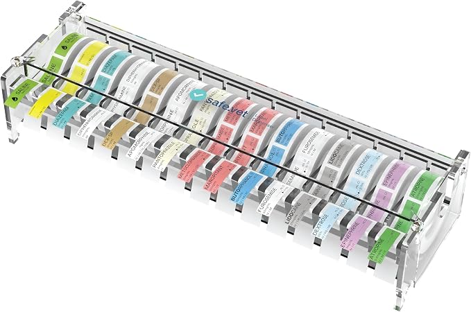 Veterinary Syringe Label Dispenser by Safe Vet | Countertop Injectable & Pharmacy Label Organizer for Vet Clinics, ICU, Surgery & Anesthesia (15 Slots)