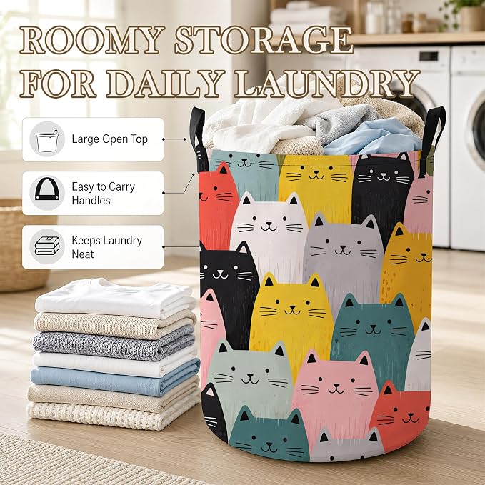 Cute Cat Laundry Hamper, Colorful Cat Laundry Baskets, Waterproof Oxford Cloth for Room/Bathroom/Bedroom/Dormitories 16x20.8 Inch