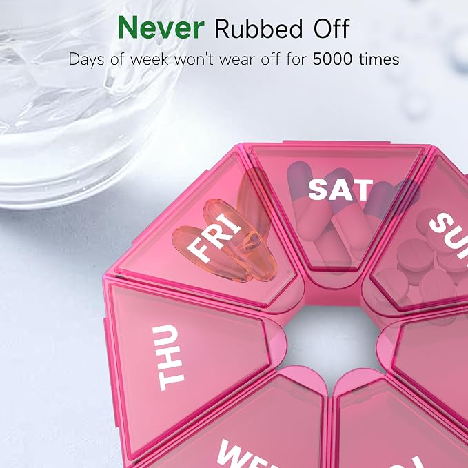 Weekly Pill Organizer, 2 Pack Portable Travel Pill Box, 7 Day Pill Case | Easy Open, BPA-Free, Arthritis Friendly Medicine Pill Container, Medicine Case for Vitamins,Supplements Medications, Red