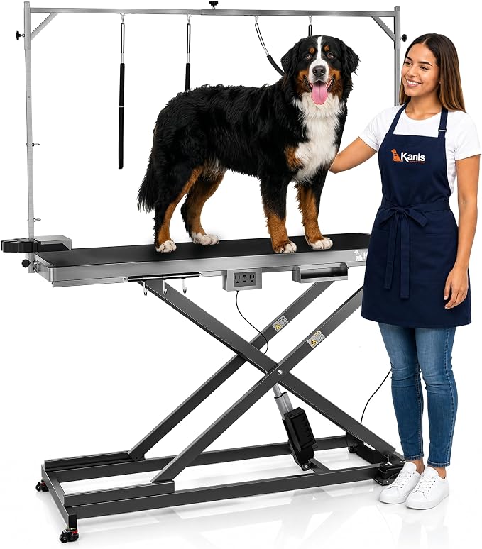 Professional Electric Dog Grooming Table - Heavy Duty | Height Adjustable Pet Grooming Table w/Leveling Wheels, Dog Grooming Arm, Anti-Slip Tabletop & Tool Organizer (Grey, 60")