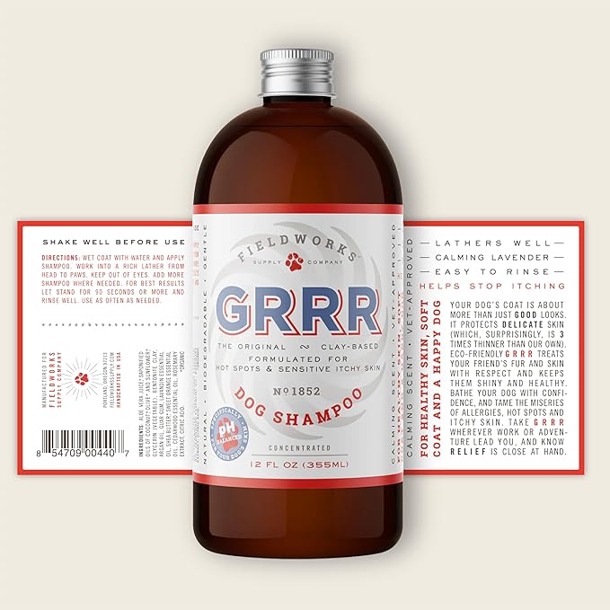 GRRR All-Natural Dog Shampoo – Gentle for Sensitive Skin. with Bentonite Clay, Argan Oil, Aloe & Shea Butter. Lavender Scent, Hypoallergenic, Biodegradable, 12oz