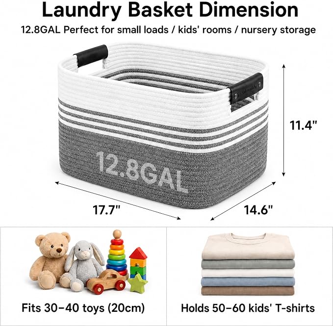 12.8GAL Small Cute laundry basket for nursery, Boho Square storage basket for Living Room Decor, Kids Girls Boys Toys Stuffed Animal Decorative Short Hamper for Dirty Clothes, Bath Towel Mix Black