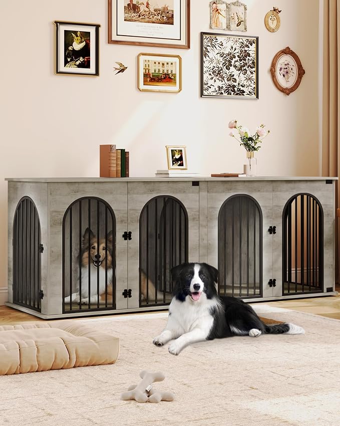 Hzuaneri 86.6" Double Dog Crate Furniture, Dog Kennel Indoor with Cushion | Heavy Duty Dog Crate Furniture for 2 Dogs,Dog Cage End Table TV Stand with Divider for Med-Large Dog,Greige Black DFC84005BV1