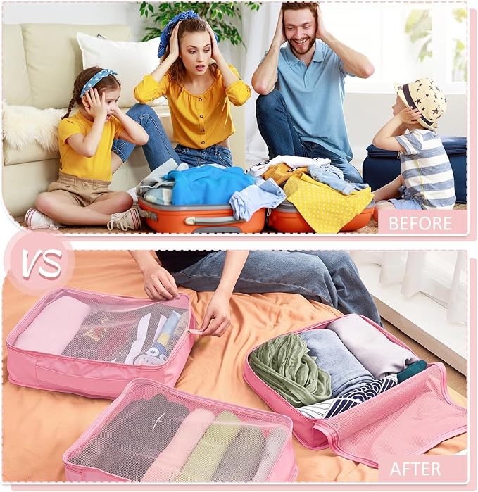 Silkfly 8 Pcs XL Packing Cube for Travel Luggage,Simple,Pink | 17.7 x 13 x 4.7, Same Size, Pink Suitcase Storage Organizer Set, Reusable Mesh Clothes Cube for Hiking Camp Family Accessory