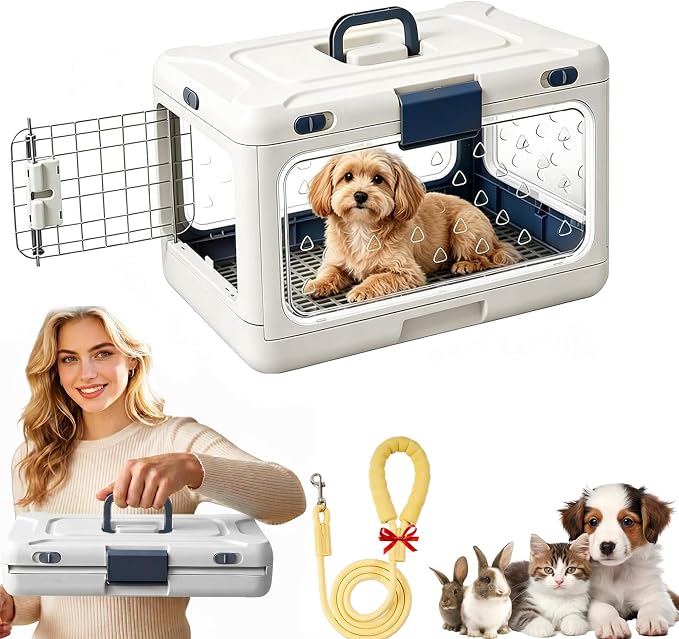 Foldable Hard Cat Carrier, Transparent Pet Crate for Cats & Small Dogs, Collapsible Travel Kennel with Ventilation & Urine Pad Mesh Grid, Portable Travel cage, Essential for pet Travel, White