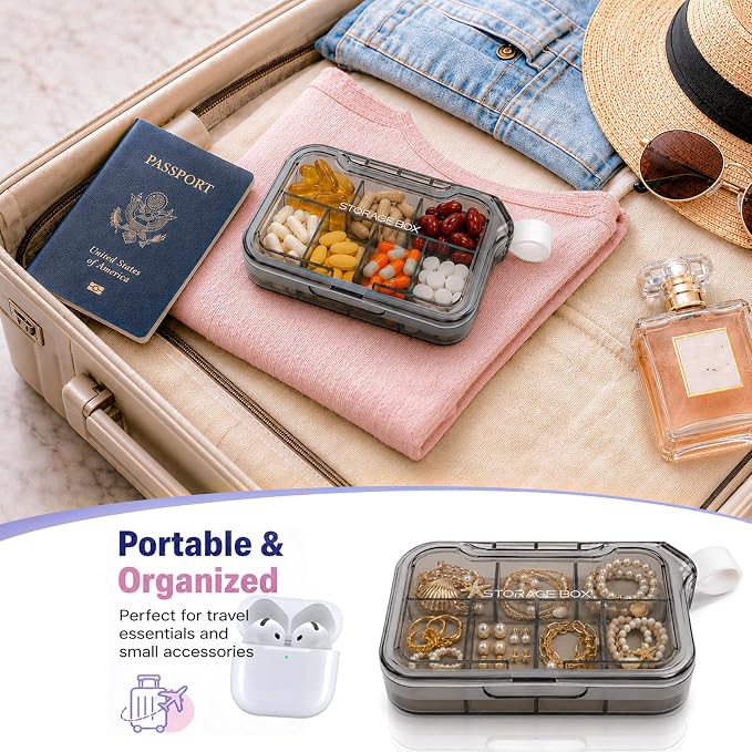 Small Pill Case with Handle, Travel Pill Organizer, Pocket Medicine Box | 7 Compartments Compact Pill Box for Fish Oil Vitamins Supplements Daily Medications, Purse Backpack Office