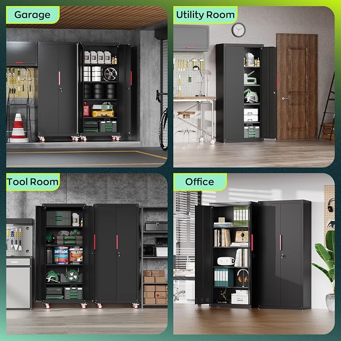 Kelueo 71" Tall Metal Garage Storage Cabinet with Wheels and Locking Doors | Heavy-duty steel rolling tool cabinet,garage cabinets with 4 adjustable shelves for garage,home,office,shop.black