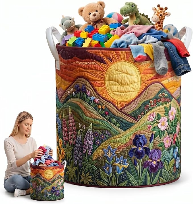 Quilted Landscape Laundry Basket with Handles Fabric Clothes Hamper Decorative Iris Flower Toy Storage Bin for Closet(20" x 28")