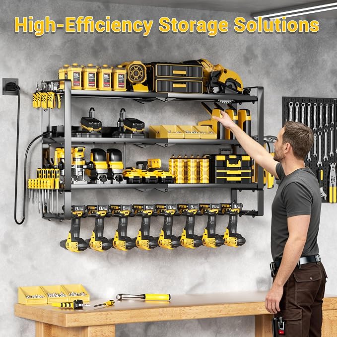 Power Tool Organizer Wall Mount with Charging Station,4 Layer,5 Outlets | 8 Drill Holder,Loads 400LBS,Heavy Duty Metal Extra Tall Tool Shelf,For Tool &Battery Storage,Utility Racks for Garage