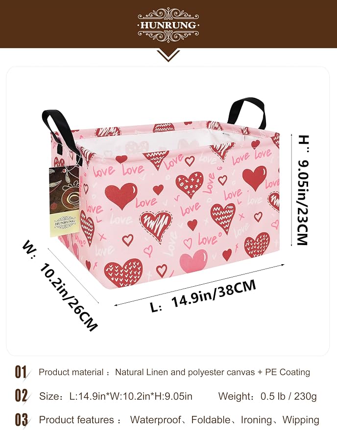 Rectangle Canvas Foldable Storage Basket for Nursery, Pink Love Heart