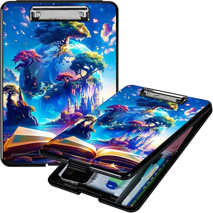 Book Trees A4 Clipboard with Storage Pen Holder, Clipboards Organizer Nursing Clipboard Foldable File Folder Plastic Clipboard Folio Clip Board for Office Students Classroom Doctor