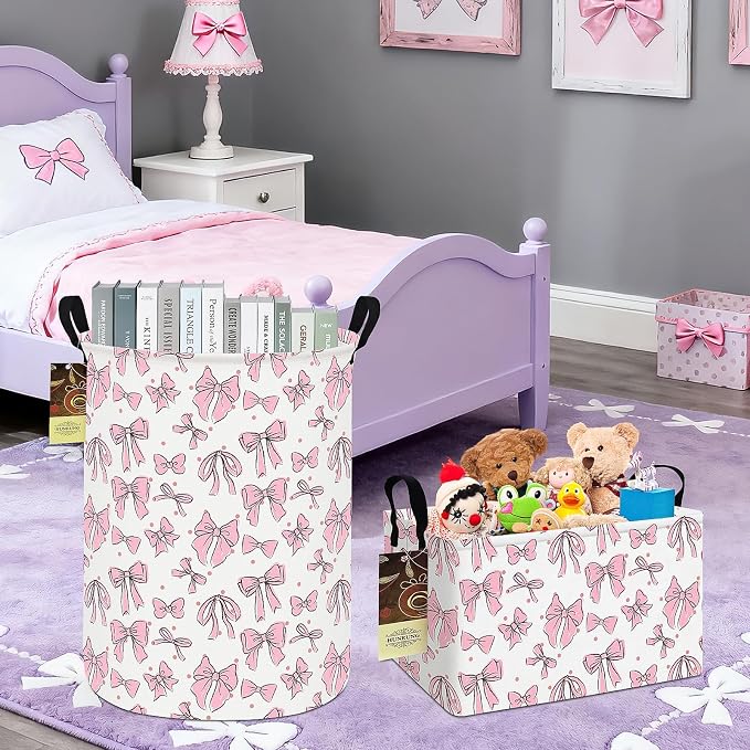 Rectangle Foldable Storage Basket Handles For Home, Pink Bow | Waterproof canvas material, reinforced handles, perfect for shelf use, organizes clothes, daily items and pet supplies
