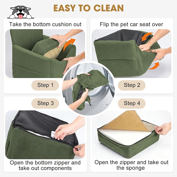 JOEJOY Dog Car Seats for Small Medium Dogs Under 35lbs, Dog Booster Seat with Detachable Washable Cover and Cushion, Memory Foam Pet Car Seat with Safety Belt and Storage Pockets (GN)