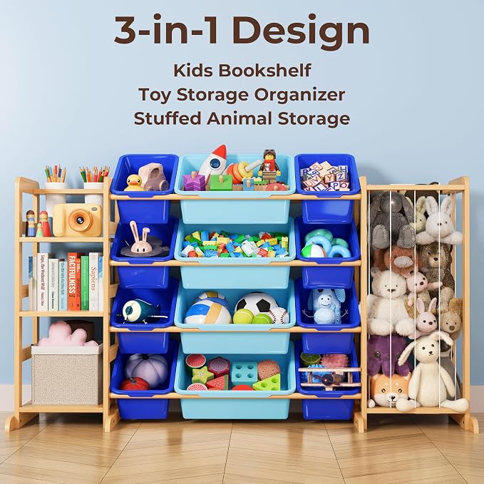Toy Storage Organizer with Bookshelf and Stuffed Animal Storage - Kids Playroom Organization with Shelves and 12 Toy Bins - Toddler Living Room Toy Box for Lego - Nursery Bedroom Decor Essential